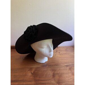 Scala Cummings & Good Black Wool Wide Brim Hat With Rose Detail - One Size
